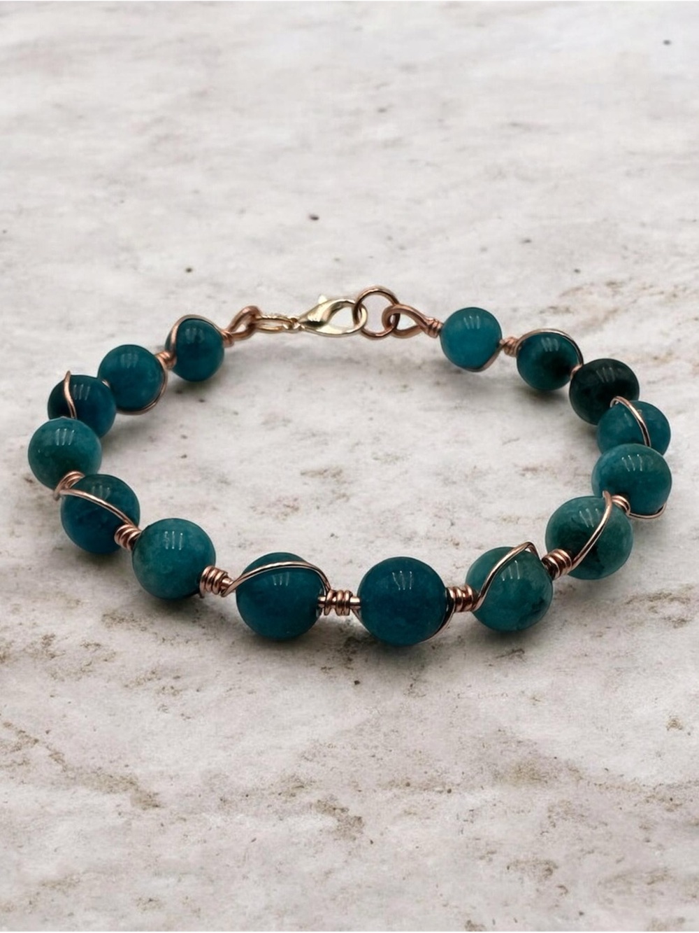 Teal Green Beaded Wire Wrapped Bracelet Handmade Boho Copper Jewelry